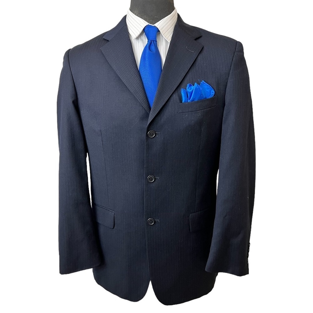 LINEA UOMO MENS DRESS BLAZER 100% WOOL SIZE 42R PINSTRIPE NAVY BLUE AM☑️ - Picture 5 of 11